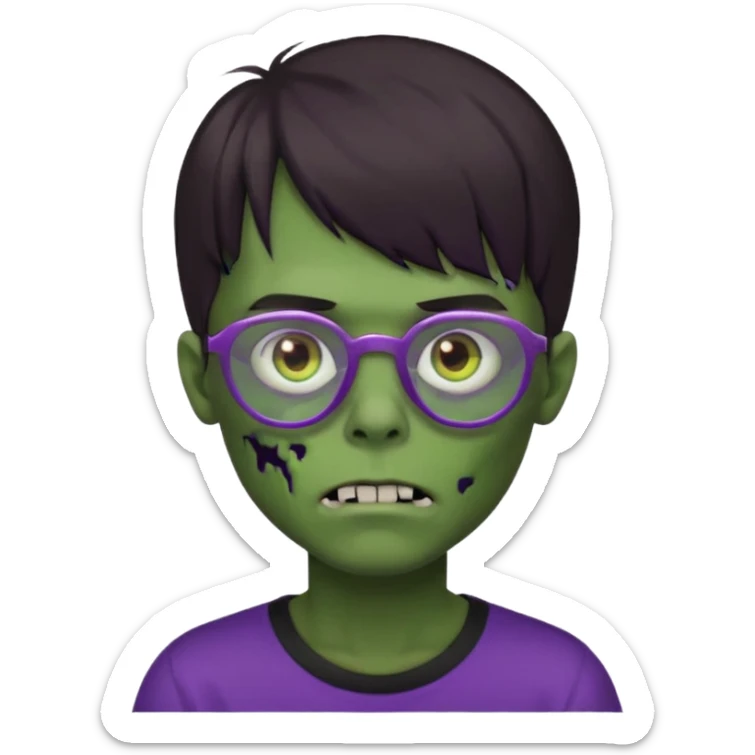 Menino zumbi com cabelo castanho escuro com franja que cubra a testa, olhos castanhos, camisa preta larga, pele verde e óculos lilás sticker