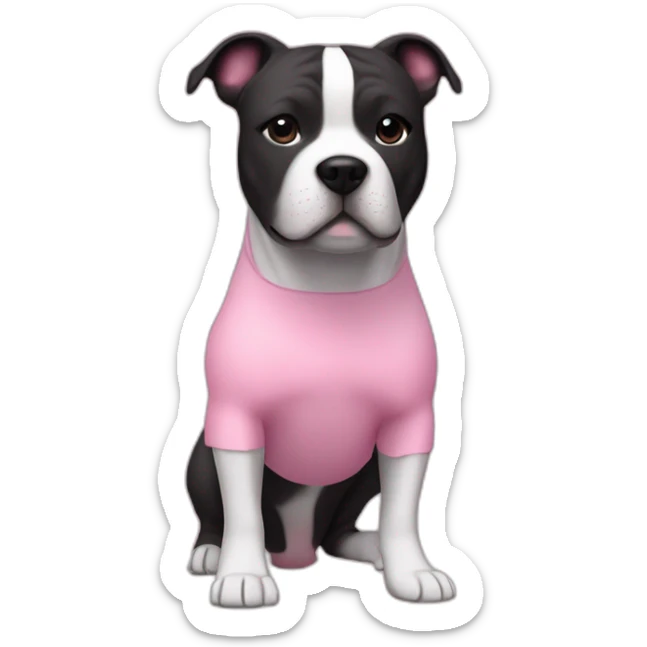 The Staffordshire Bull Terrier has a short, smooth coat and a muscular body. black and white color. in a pink dress sticker