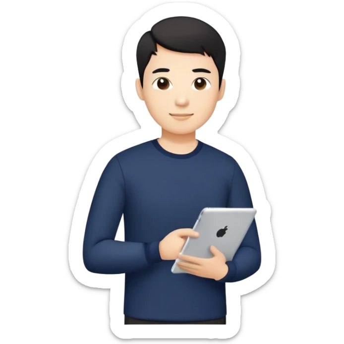 A fit Asian male teacher with short black hair and fair skin, wearing a dark navy long-sleeve shirt, holding an iPad in one hand. The style is emoji-like, clean and simple, with a friendly and professional look.

 sticker