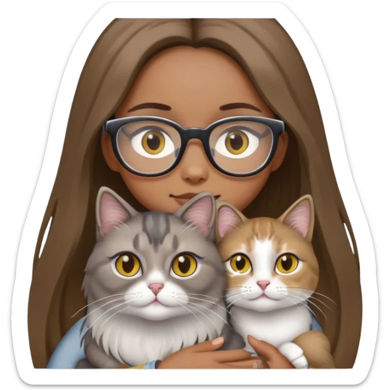 I need a girl with light brown long hair, black eyes, and brown glasses frames, holding a gray-white silver-tipped long-haired cat with yellow eyes. sticker