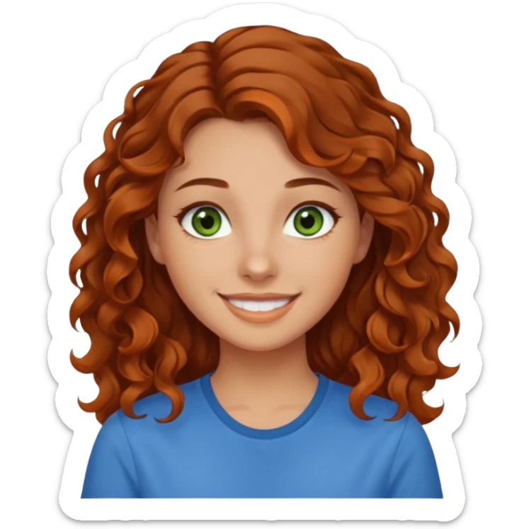 girl with brown hair, green eyes with a blue shirt no background ,young with curly hair smileing long hair not so curly and orange sticker
