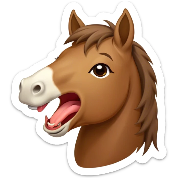 Cinematic Cute Yawning Brown Welsh Pony Portrait Emoji, Head tilted slightly with a dramatic, wide-open yawn, showcasing a sturdy, brown-colored form with softly drooping ears and sleepy, half-closed eyes, Simplified yet irresistibly adorable features, highly detailed, glowing with a soft, cozy earthy glow, high shine, relaxed yet expressive, stylized with a dash of rustic charm, soft glowing outline, capturing the essence of a drowsy yet affectionate brown Welsh pony that appears ready to stretch and yawn its way off the screen! sticker
