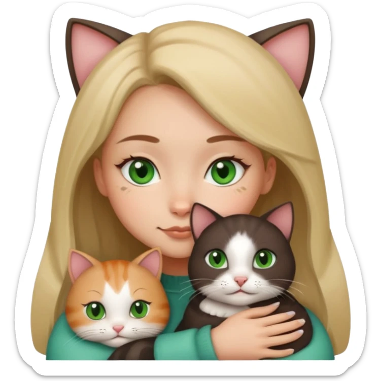 A girl with a square with a mole on her right cheek and square-green eyes hugs a cat sticker
