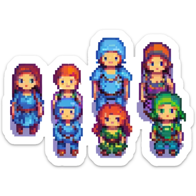 a family of four as pixel art characters, simple and colorful sticker
