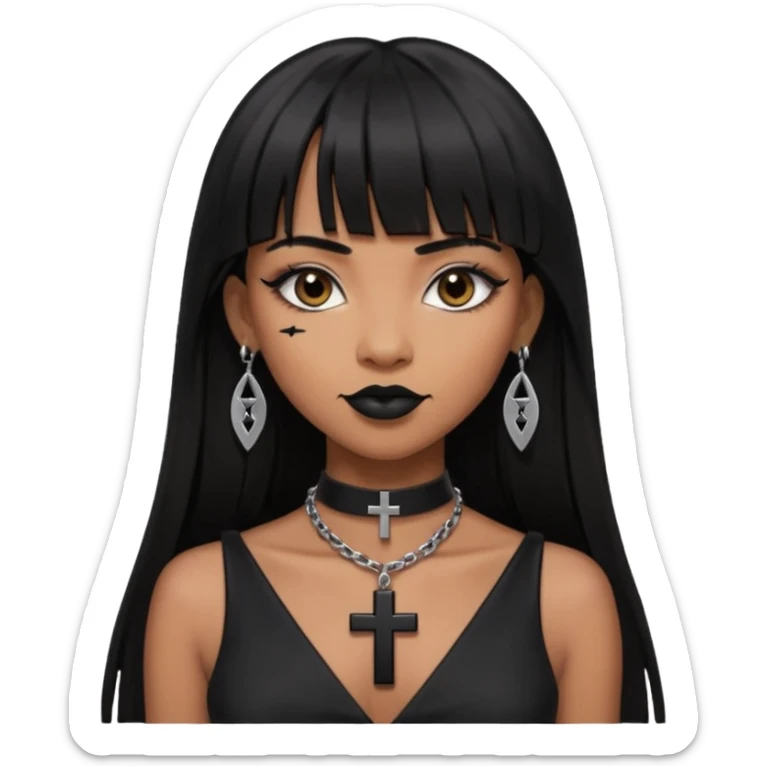vampira parda com cabelo preto longo e liso e franja, olhos pretos, brincos em formato de cruz, choker em formato de cruz, roupa preta com decote, batom preto e sorrindo de canto sticker
