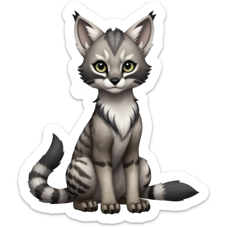 Cute kawaii cool edgy badass  ashen grey fur with smoky charcoal ombré fade fantasy-caracal-civet-genet-sergal-vernid-Gryphon-Cacomistle-Trico-oncilla-animal-Fakémon-hybrid-fursona (full body), facial markings, (realism style) sticker