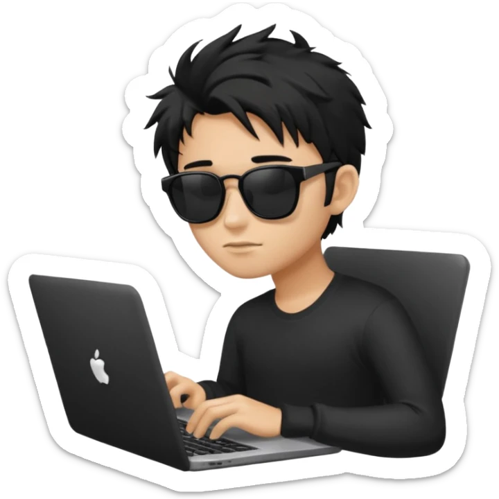 a PRETTY BRATZ boy with black messy hair, black sunglasses, on laptop sticker