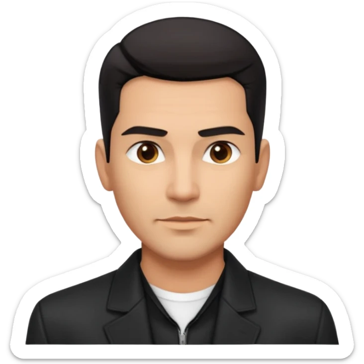 Attractive Hispanic TV host in his mid to late 40s with light brown skin, short straight black hair slicked back with fade on sides, square handsome face with strong jawline, friendly approachable expression, wearing open black jacket revealing white buttoned shirt underneath sticker