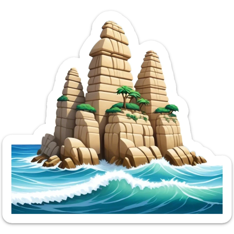 Cinematic Realistic Raouche Rocks, Beirut Landmark Emoji, depicting the majestic limestone rock formations rising from the Mediterranean Sea, with waves crashing against their bases under a vibrant sky. sticker