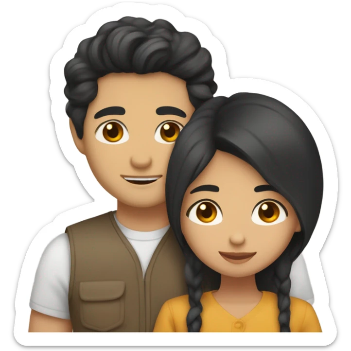 They are holding each other very tightly. A pale Asian man with short dark hair and amber eyes embracing and loving a half Asian woman with long wavy dark hair and dark hazel eyes. They love each other a lot And have good fashion taste. sticker