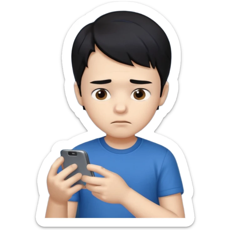 un niño de entre 3 - 10 años jugando con su celular, cansado en una habitacion apagada, el niño tiene piel blanca y cabello negro (hombre)

 sticker