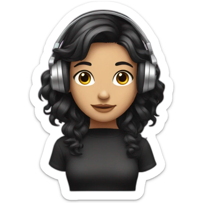 girl with black wavy hair wearing headphones, hair split in half  sticker