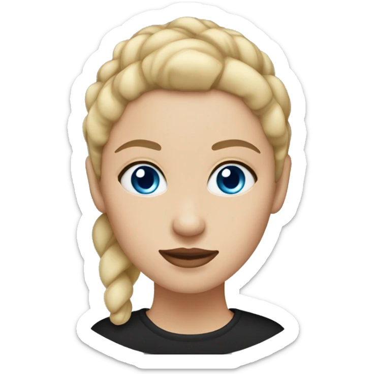 a woman with blue eyes, light skin, blonde straight hair with a bun. black shirt. sticker