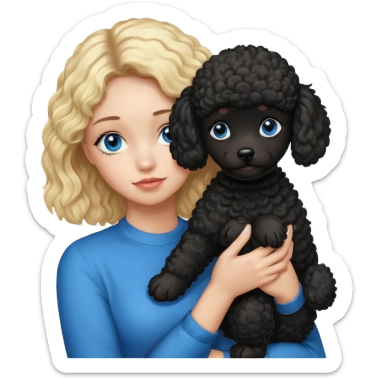 blonde girl with blue eyes holding black puppy poodle sticker