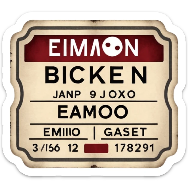 Minimalist emoji-style sticker of an old torn cinema ticket, with faded text “EMMO”, blood-stained edges and burn holes, grayscale paper

 sticker