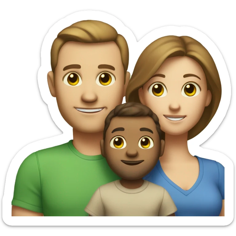 A family of three. The mom is pale with brown hair and green eyes and freckles. The dad is slightly tan with brown hair, brown eyes and a crooked closed mouth smile. The baby is an infant, with light brown hair, blue eyes, and a fire truck shirt sticker
