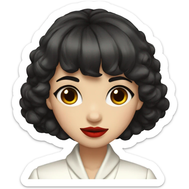 girl dark hair short to the shoulders and bangs, red lips , white coat with stosce sticker