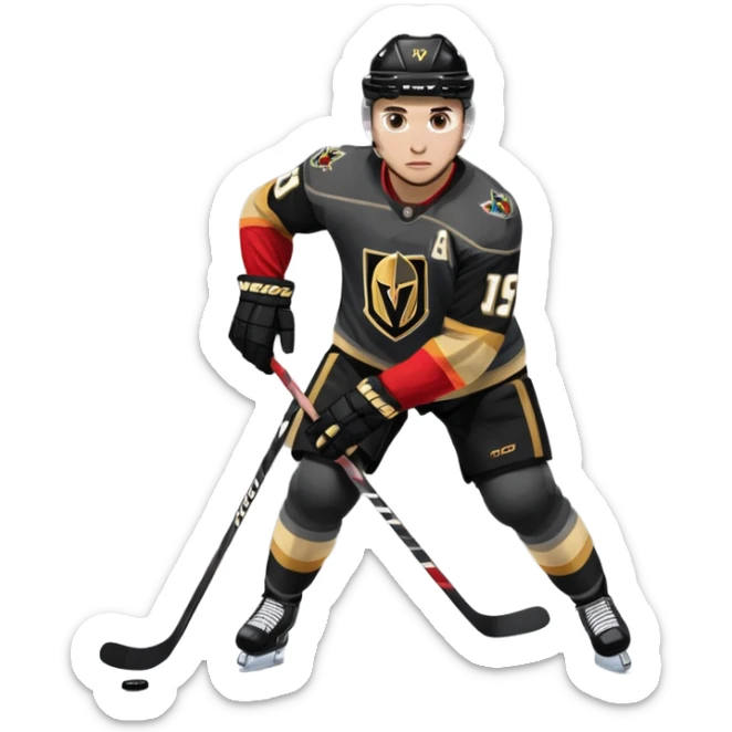 A hockey player in a Vegas Golden Knights black & gold jersey, red accent glow, centered stance, stick on the ice, faceoff position sticker