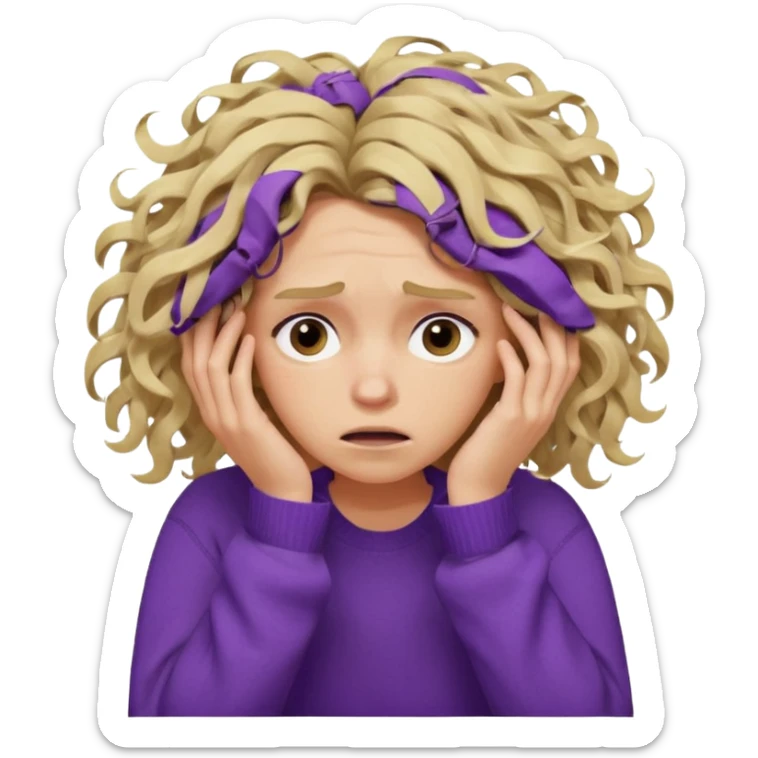 Emoji-style illustration of a frustrated young woman, messy, tangled, curly tousled blonde hair, clearly unkempt and chaotic, wearing a purple sweater, holding her face in her hands, expressing annoyance and disappointment, cartoonish, expressive, simple lines, flat colors, clear silhouette,  sticker