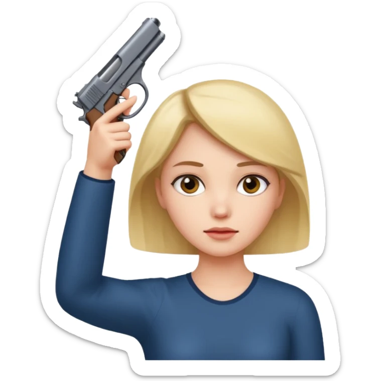 Girl holding hands up to head in shape of a gun sticker