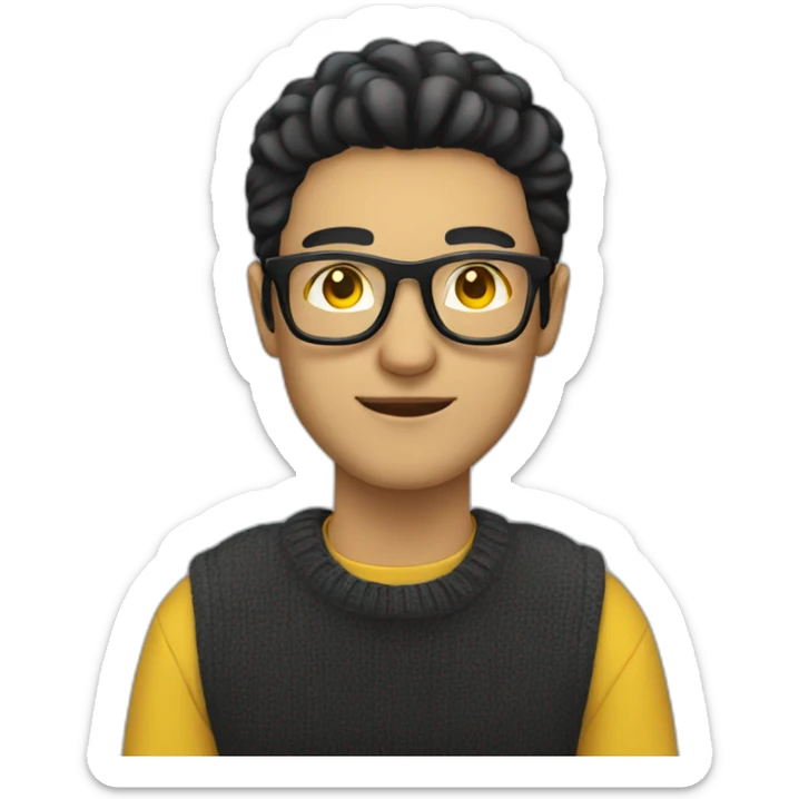 White man with yellow tinted glasses and black hair in a jumper sitting on a chair sticker