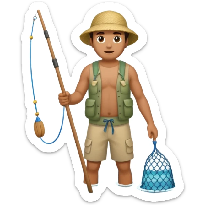 A Polynesian fisherman standing in the water fishing with a net sticker