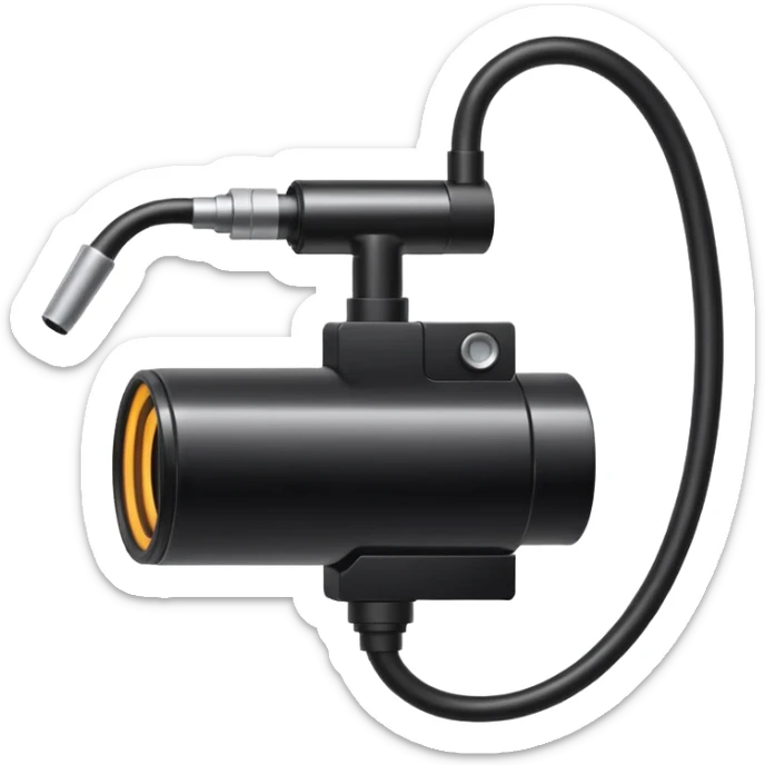 Apple emoji style icon of an endoscope. A minimalist coiled black tube ending in a glowing camera tip. Glossy, rounded sticker