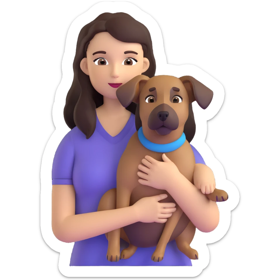 woman with long dark brown hair holding a Malinois dog in her arms sticker