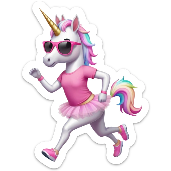 friendly anthropomorphised female unicorn in tutu and pink t-shirt, wearing dark sunglasses, jogging upright in standard pose sticker