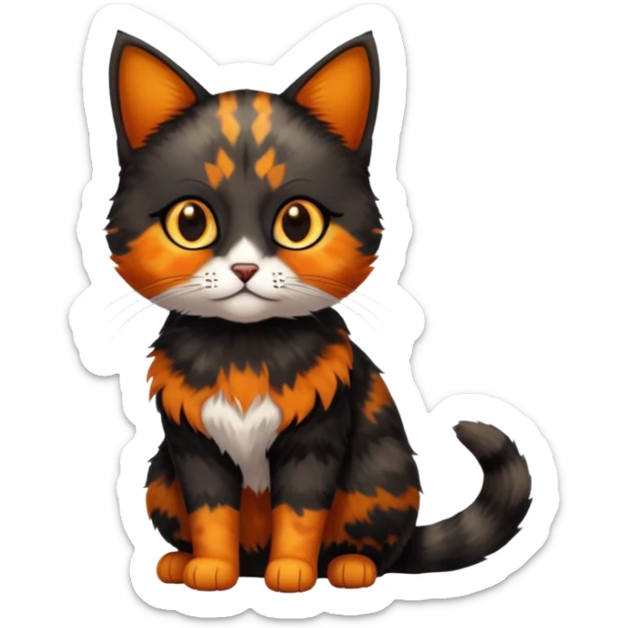 small tortoiseshell cat. only black and and orange. amber eyes. full body. no white fur! sticker