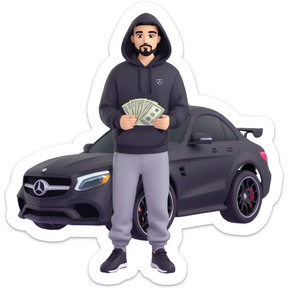 Create a 3D style image of a person with black goatee and black facial hair, wearing a hoodie and black sweatpants. The person is holding realistic US dollar bills. An AMG car is behind him. Use the reference image for pose and vibe. Avoid chrome style, focus on a realistic 3D emoji style. sticker