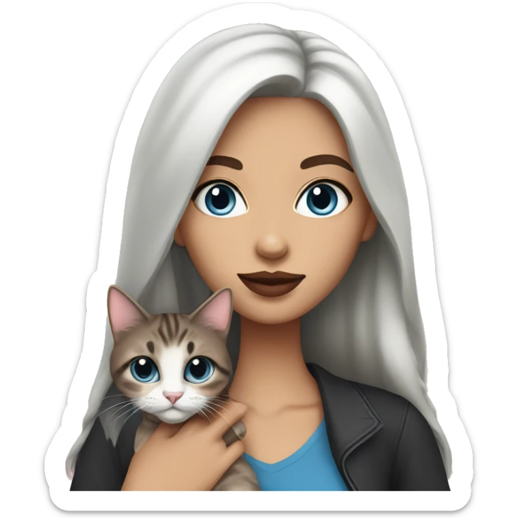 Woman with dark long hair, pink lips and blue eyes holding a tabby cat  sticker