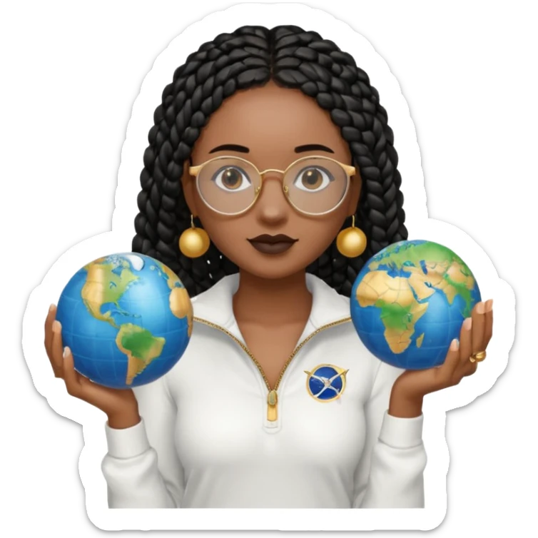 a young woman wearing fine gold round glasses and black hair in several box braids, no earrings, she has light black skin, and she's wearing a white shirt with a black quarterzip. She's holding a globe in one hand sticker