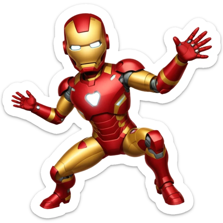 Iron Man flying emoji, arms forward, red and gold suit, apple style emoji sticker