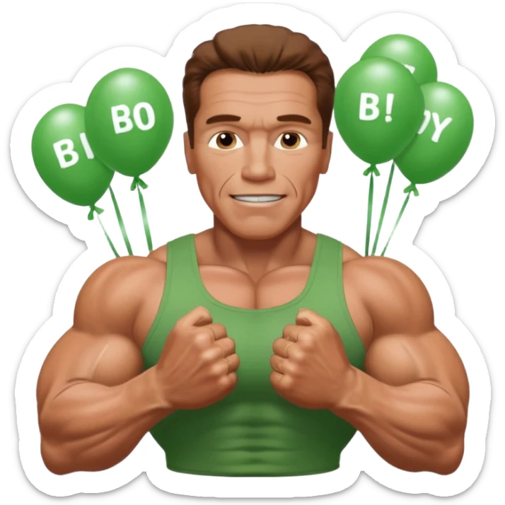 Arnold Schwarzenegger saying happy birthday . Birthday in a green color with big font . Arnold with his muscles sticker