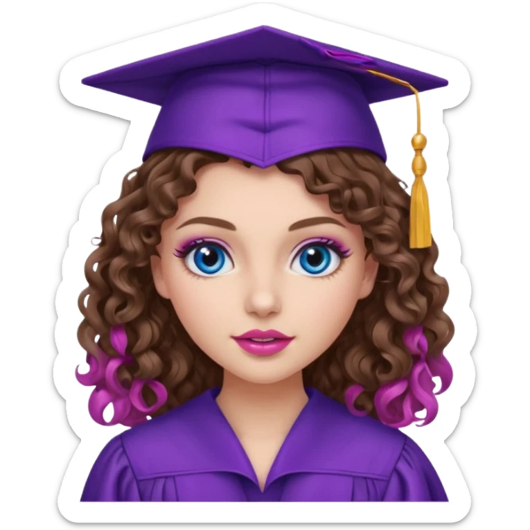 girl with curly and long wavy brown hair, blue eyes, long lashes makeup, sexy pink lips, wearing a purple graduation cap and gown sticker