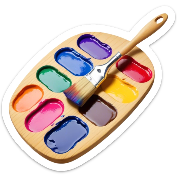 Cinematic Realistic image of a vibrant paint palette and brush, featuring a wooden palette smeared with an array of richly blended colors and a finely detailed brush with soft, delicate bristles, set against a softly textured background that evokes artistic inspiration sticker