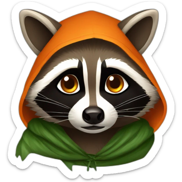 brown raccoon with orange eyes and a dark green hood that is crying sticker