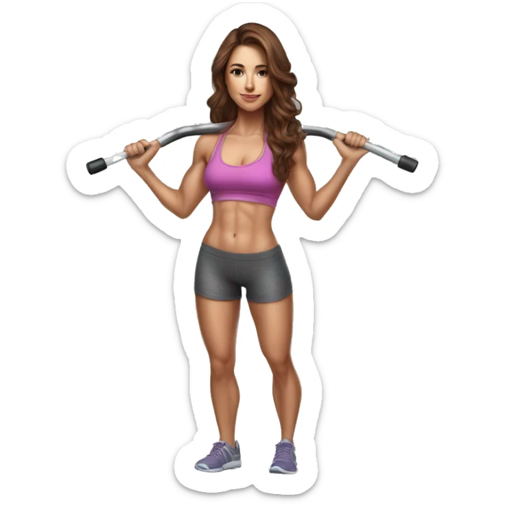 Hyperrealistic pencil drawing of athletic sexy girl in full height with brown hair and barbell sticker