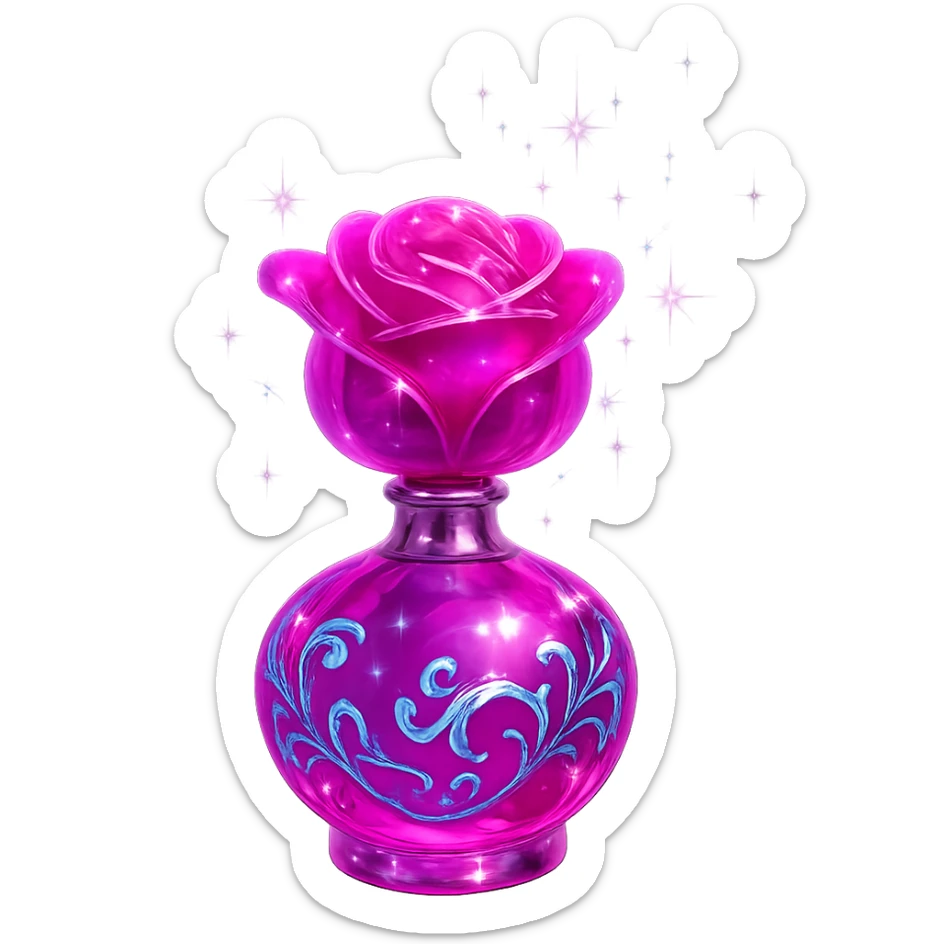 modernus prabangus eliksyro buteliukas, rožės forma, ryški rožinė spalva, holografiniai ir sidabriniai ornamentai, itin ryškūs magiški švytėjimai ir efektai, labai mažas kaklelis, skaidrus fonas, vientisas dugnas, be šešėlio, plūduriuoja ore, kolekcijos stilius sticker