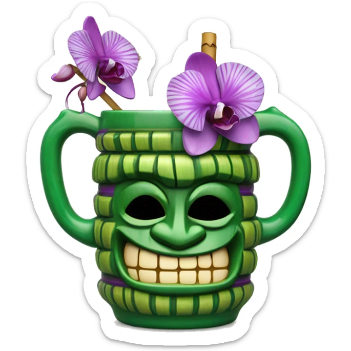 Mid century style Green tiki mug with striped straw and purple orchid garnish sticker