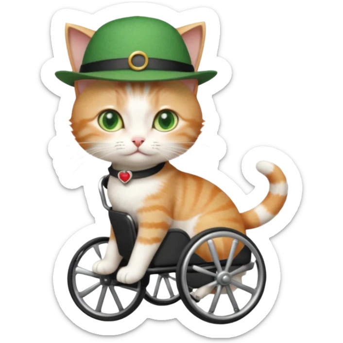 full body small short hair ginger and white cat with green eyes walking in a wheelchair for cats sticker