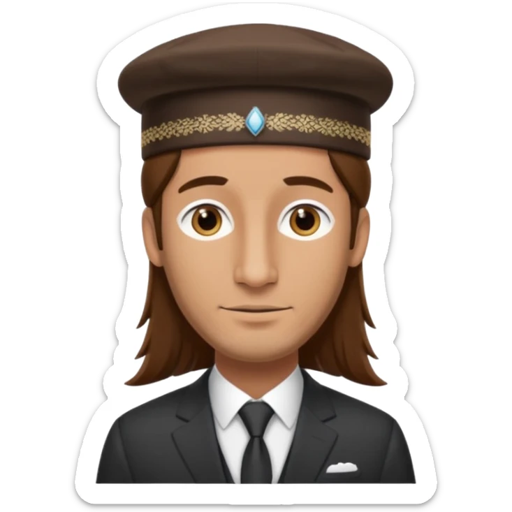 Man with a long nose wearing a suit and kippah, he has long brown hair with a payot sticker