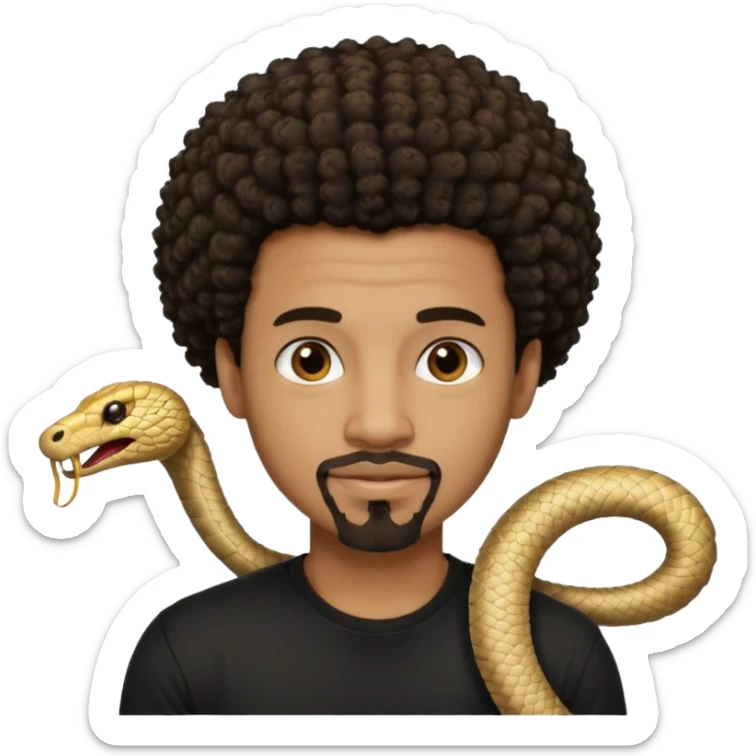 Homme noir, yeux marron avec un bouc sans la moustache, cheveux court et bouclé crépus avec un dégradé sur le côté, avec un cobra à côté , t-shirt noir  sticker