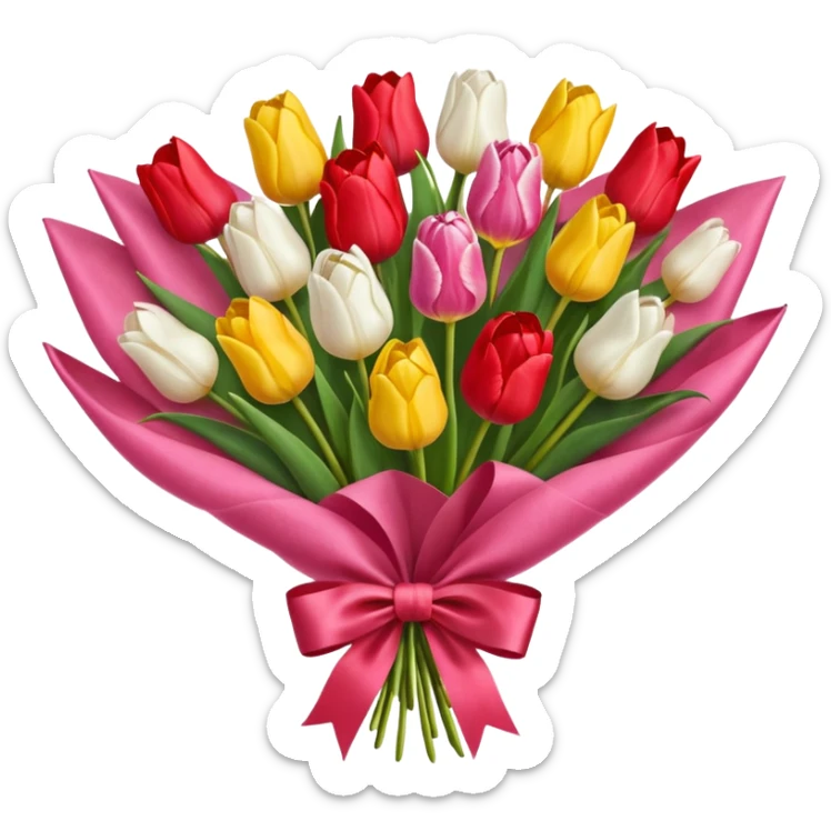bouquet of many tulip with bow and yellow wrapping paper sticker