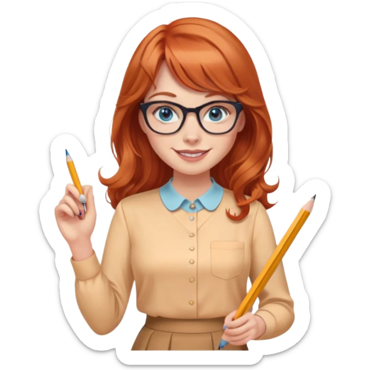 smiling redheaded woman with long wavy hair and bangs, blue eyes, cat-eye glasses, pencil skirt, apricot blouse, holding a pencil sticker