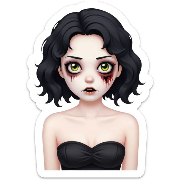 Quero uma garota Zumbi, que ela tenha cabelo preto e ondulado SÓ nas pontas! Olhos pretos, cílios, esteja usando um cropped preto tomara que caia. sticker