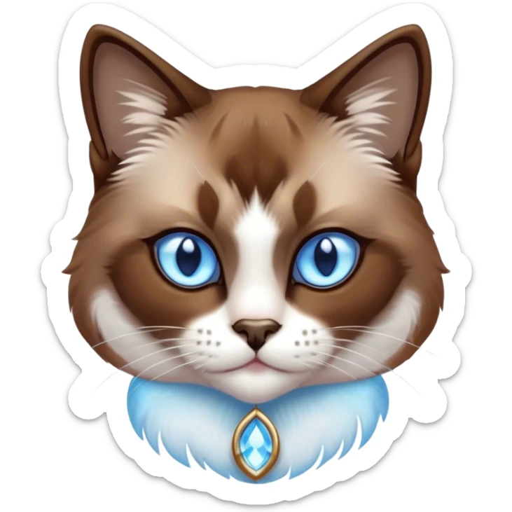 Cinematic Noble Brown Mantle Snowshoe Cat Portrait Emoji, Poised and regal, with sleek brown fur draping elegantly over its back like a mantle, contrasted by a crisp white chest, paws, and facial markings, piercing icy-blue eyes, Simplified yet sharp and sophisticated features, highly detailed, glowing with a soft, dignified glow, high shine, intelligent and graceful, stylized with an air of elegance, focused and attentive, soft glowing outline, capturing the essence of a watchful and refined feline, so majestic it feels as though it could glide across the screen with effortless confidence! sticker