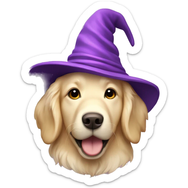 Cream color Golden retriever wearing a purple wizard hat with stars on it sticker