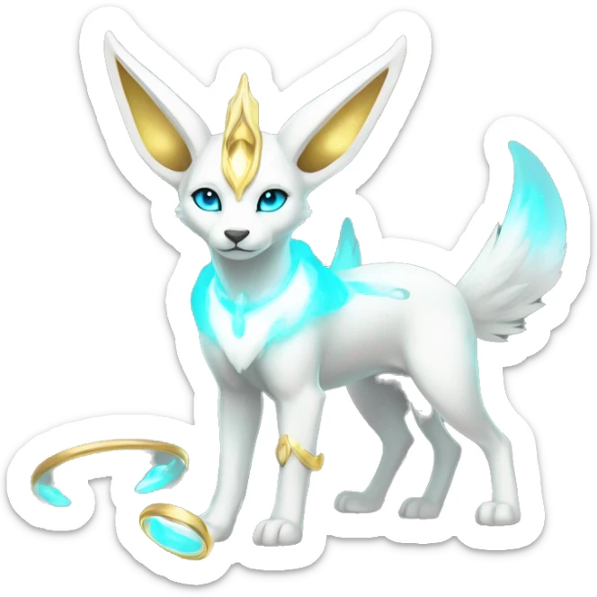 Shiny White Angelic Godly Ethereal Majestic Electric Albino Umbreon. cyan eyes and cyan markings. Golden Anubis-rings. full body sticker